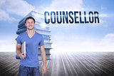 Counsellor against stack of books against sky