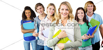 Composite image of college students holding folders at college