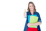 Composite image of smiling student holding notebook and file