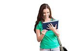 Composite image of student using her tablet in library
