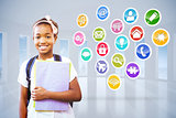 Composite image of little girl holding folders in school corridor