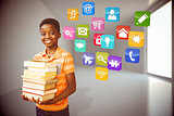 Composite image of portrait of cute boy carrying books in library
