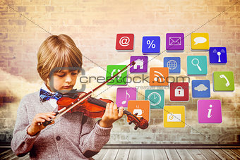 Composite image of cute little boy playing violin