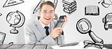 Composite image of geeky smiling businessman holding calculator