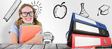 Composite image of geeky hipster woman holding files