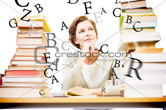Composite image of thoughtful teacher at library