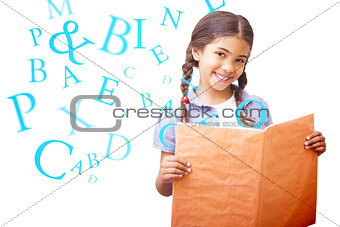 Composite image of cute pupil smiling at camera during class presentation