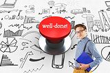 Well-done! against digitally generated red push button
