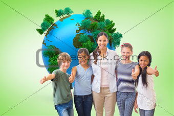 Composite image of cute pupils and teacher smiling at camera in computer class