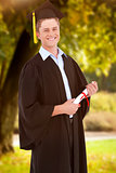 Composite image of a smiling man looking at the camera as he graduates