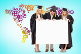 Composite image of three smiling students in graduate robe holding a blank sign