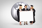 Composite image of three students in graduate robe holding a blank sign