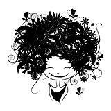 Floral female portrait, black silhouette for your design