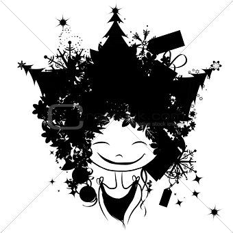 Christmas female portrait, black silhouette for your design