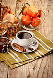 Breakfast with coffee and fruits for good morning