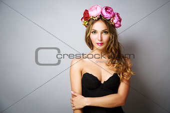 Glamour Woman with Wreath of Pink Flowers