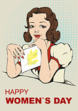 Woman reading letter. Retro greeting card on March 8. International womens day