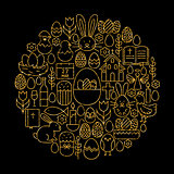 Gold and Black Happy Easter Line Icons Set Circle Shape