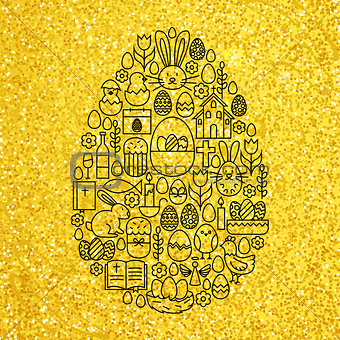 Gold and Black Happy Easter Line Icons Set Egg Shape