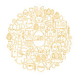 Gold Happy Easter Holiday Line Icons Set Circle Shape