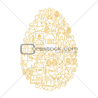 Gold Happy Easter Line Icons Set Egg Shape