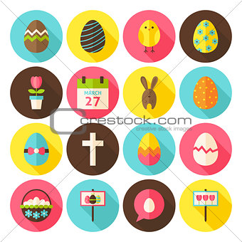 Happy Easter Circle Icons Set with long Shadow