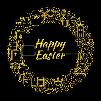 Happy Easter Gold Black Line Art Icons Circle