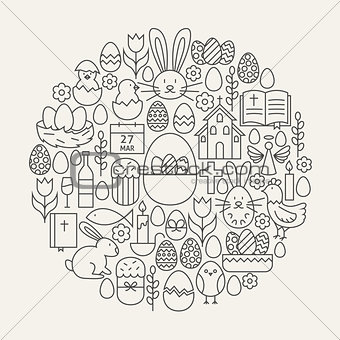 Happy Easter Line Icons Set Circle Shape