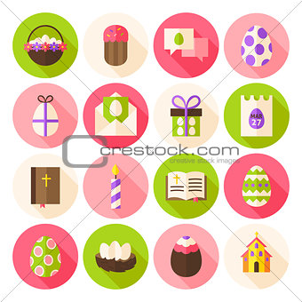 Happy Easter Spring Circle Icons Set with long Shadow