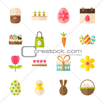 Happy Easter Spring Flat Objects Set isolated over White