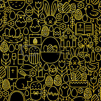 Thin Line Gold Black Happy Easter Seamless Pattern