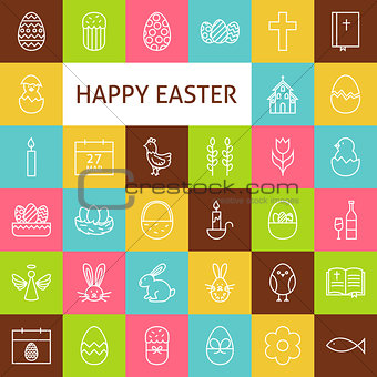Vector Line Art Happy Easter Icons Set