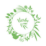 Fresh herbs store emblem. Green round frame with collection of plants. Silhouette of branches isolated on white background