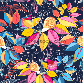 seamless pattern of colored leaves and snails