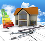 3D house on plans against a cloudy blue sky