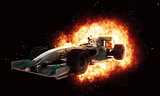3D racing car with fiery explosion effect