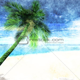Watercolor palm tree on beach 