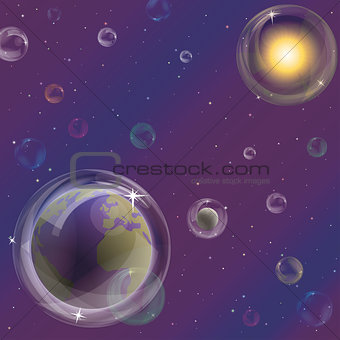 Planets and sun in bubbles