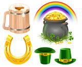 Patricks Day Symbols. Mug of irish beer, rainbow, leprechaun hat, pot coins, golden horseshoe