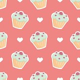 Tile vector pattern with cupcake and hearts on pink background