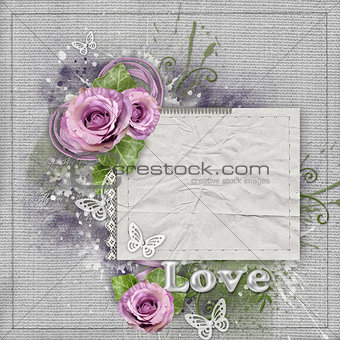 Vintage background with purple  roses, lace, ribbon, butterfly, 