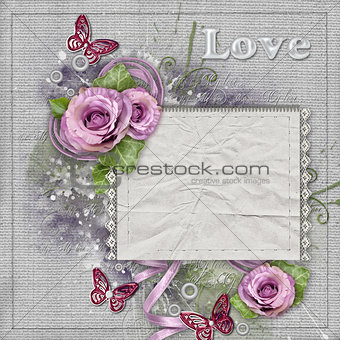 Vintage background with purple  roses, lace, ribbon, paper card