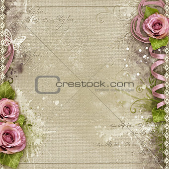 Vintage background with purple roses, lace, ribbon