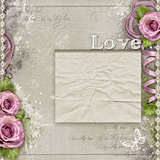 Vintage background with purple roses, lace, ribbon
