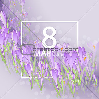 Floral frame with crocuses and  snowdrops. Purple background