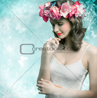 Brunette woman with flowers
