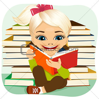 little blonde girl reading an interesting book