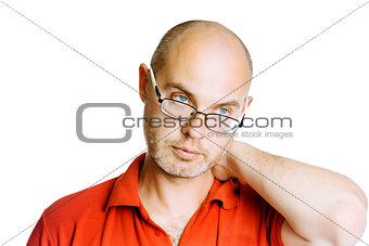 Unshaven man. Pain in the neck. Isolated on white. Studio