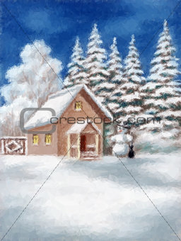 House and Snowman in Winter Forest