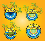 holiday sticker with sun beach and palms vector illustration